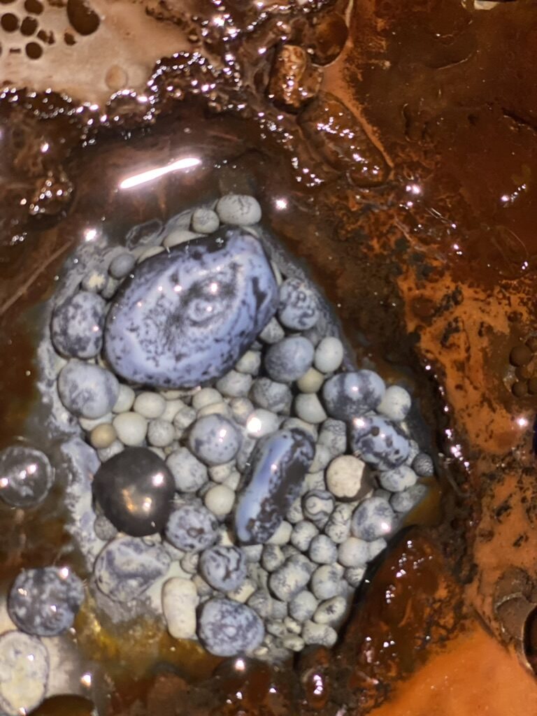 Perle di grotta in una pozza d'acqua